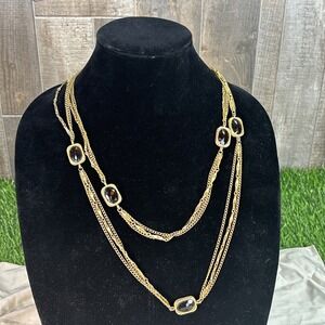 Vintage Sarah Coventry‎ Gold Tone Triple Chain Necklace Amber Look Stones 25"